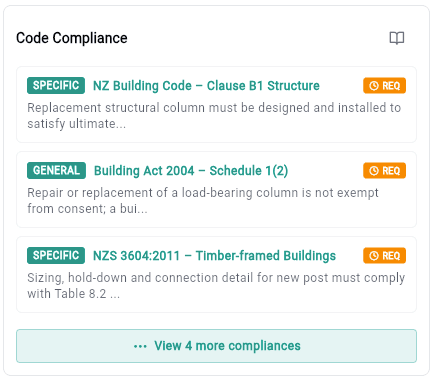 Code Compliance Interface showing NZ Building Code requirements including Clause B1 Structure, Building Act 2004 Schedule 1(2), and NZS 3604:2011 Timber-framed Buildings with automatic compliance detection