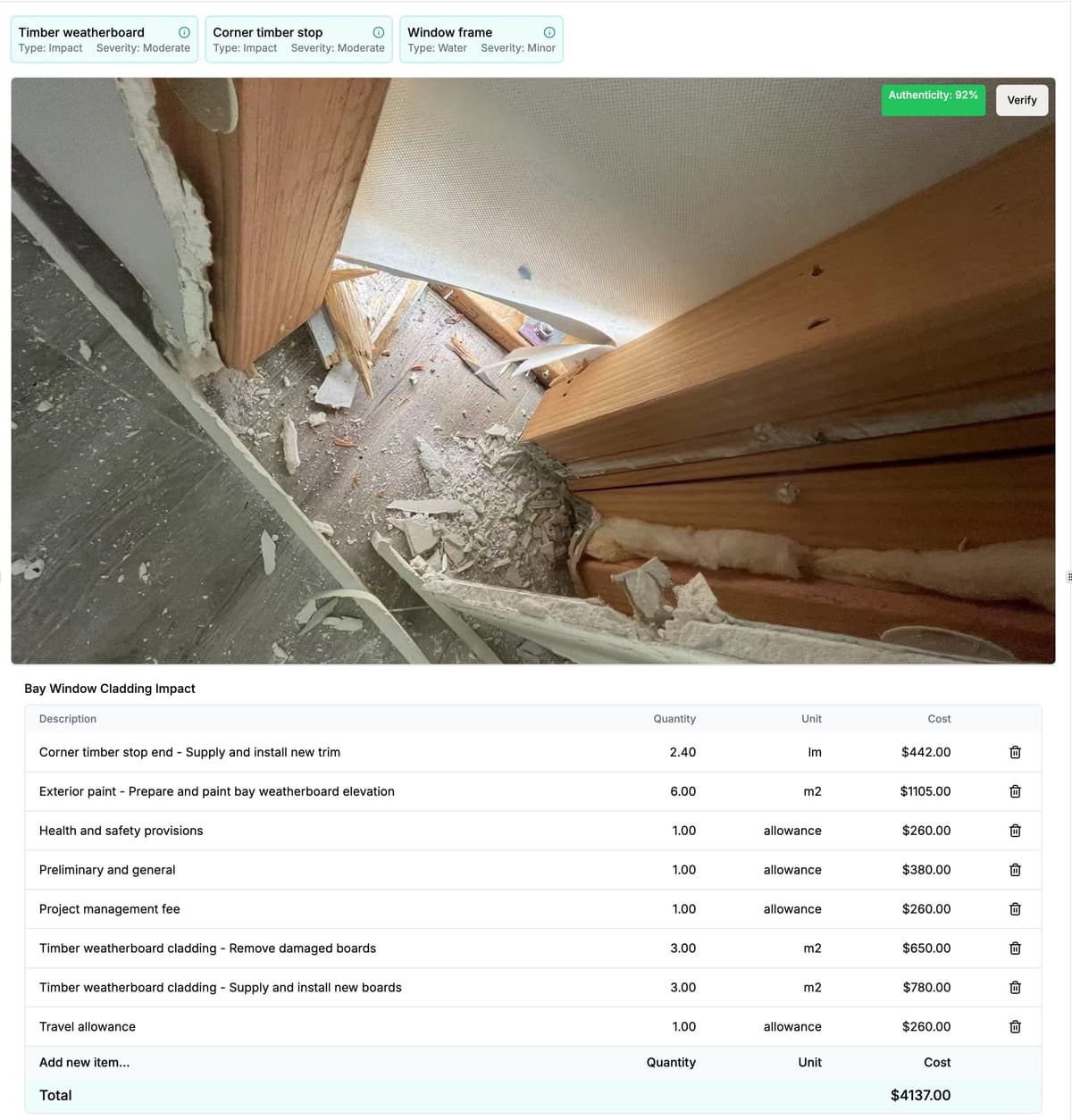 Detailed construction estimate breakdown
