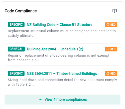 Code Compliance Interface showing NZ Building Code requirements including Clause B1 Structure, Building Act 2004 Schedule 1(2), and NZS 3604:2011 Timber-framed Buildings with automatic compliance detection